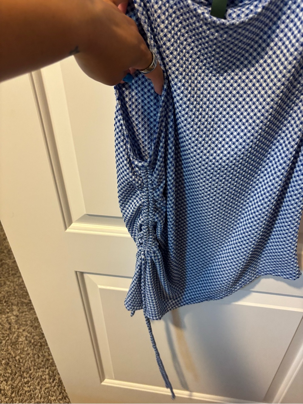 Blue Patterned Ruched Side Tank Top - Picture 2 of 5